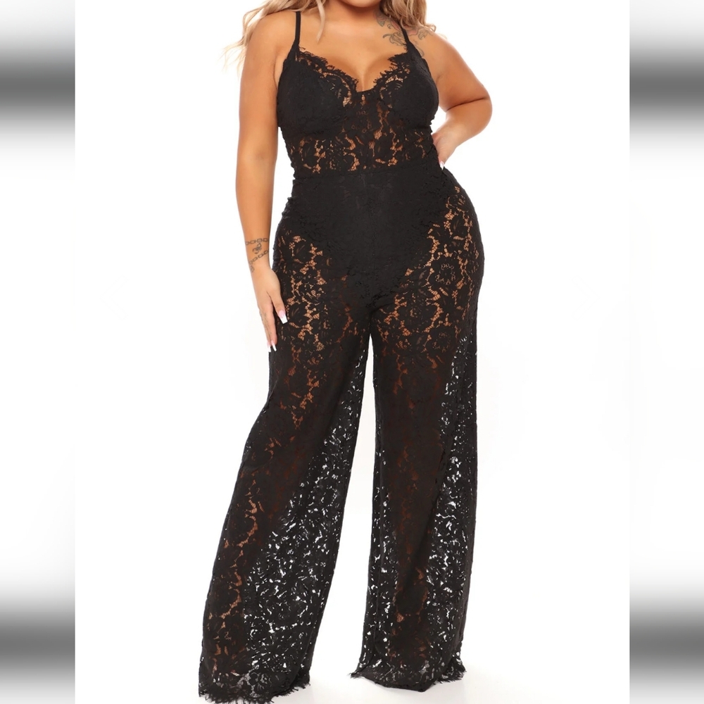SOLD! FASHION NOVA Evening Glow Lace Jumpsuit - Black Size 1X NWT